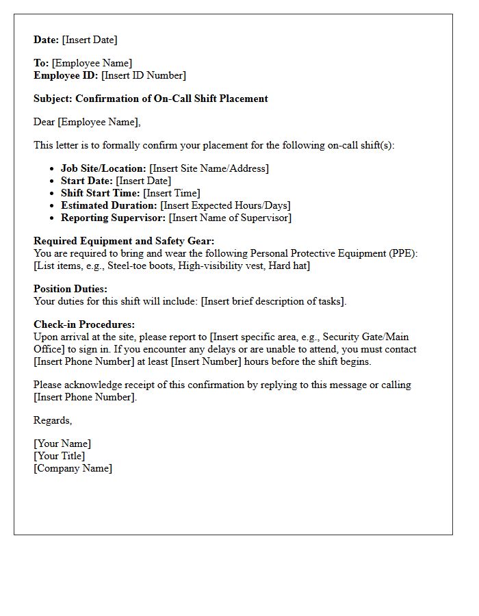 On-Call Blue-Collar Shift Worker Placement Confirmation Letter