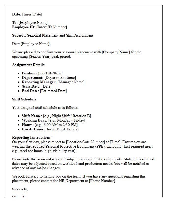 Seasonal Blue-Collar Shift Worker Placement Letter
