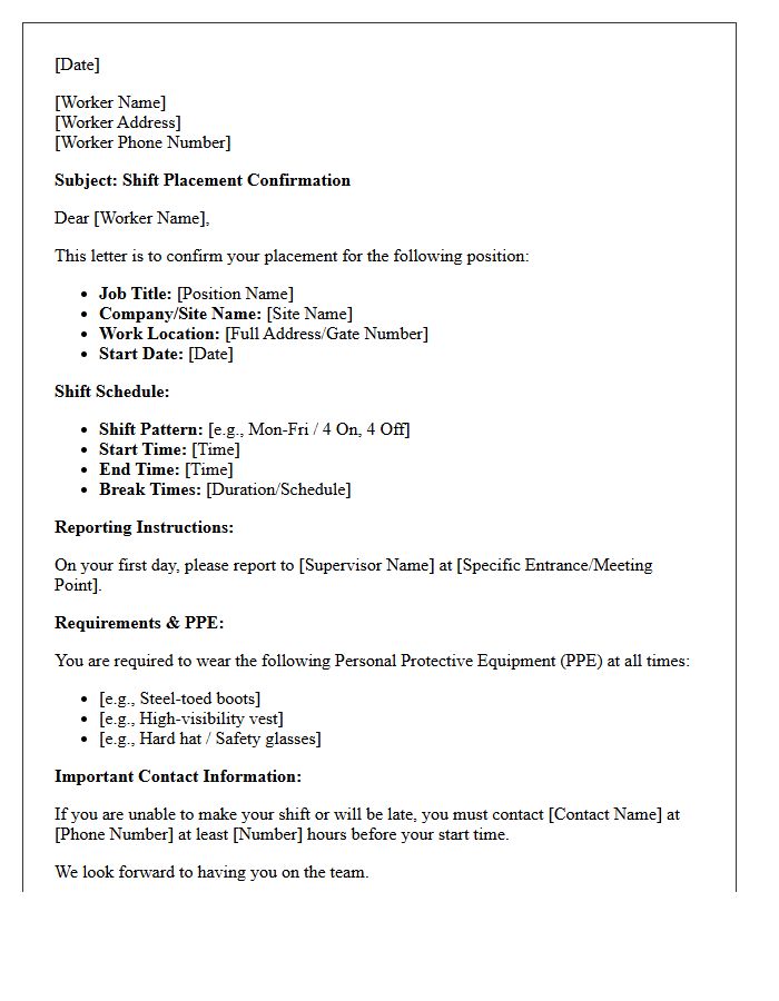 Standard Blue-Collar Shift Worker Placement Confirmation Letter