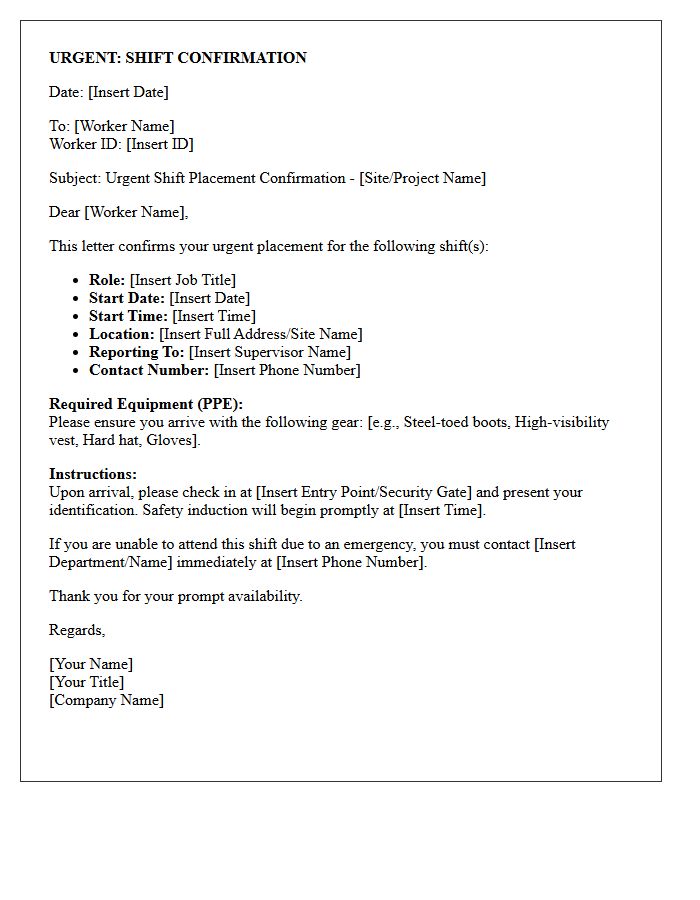 Urgent Blue-Collar Shift Worker Placement Confirmation Letter