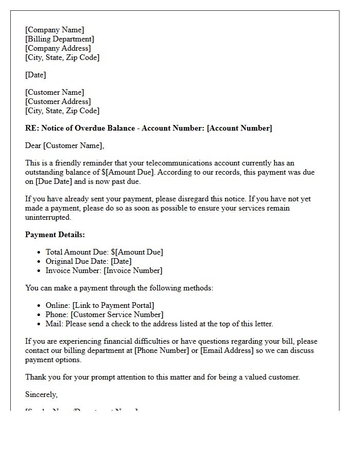 First Notice of Overdue Telecommunications Balance Letter