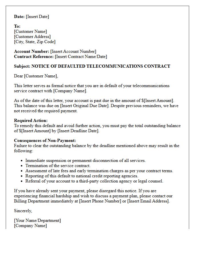 Notice of Defaulted Telecommunications Contract Letter