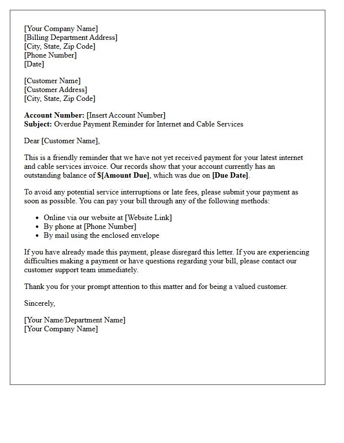 Overdue Internet and Cable Services Reminder Letter