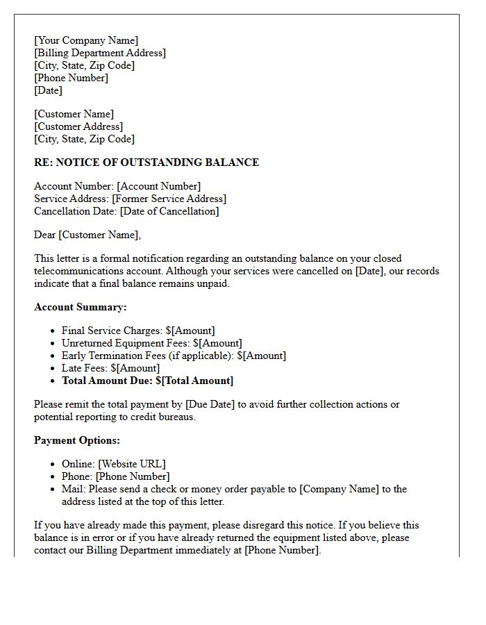 Post-Cancellation Telecommunications Debt Notice Letter