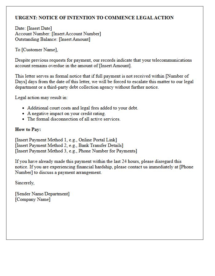 Pre-Legal Telecommunications Debt Recovery Letter