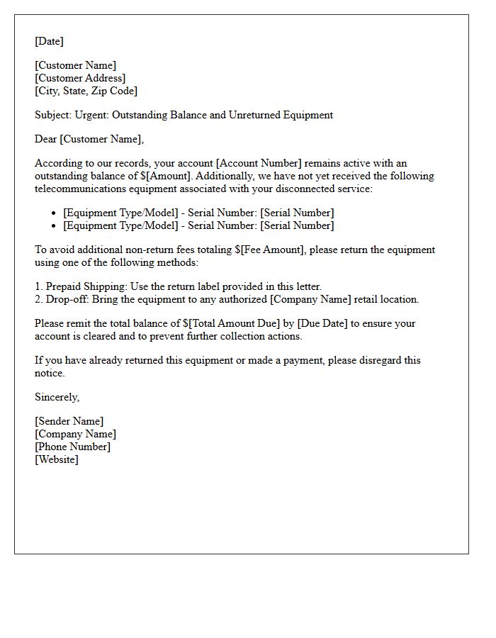 Unpaid Telecommunications Equipment Return and Balance Letter