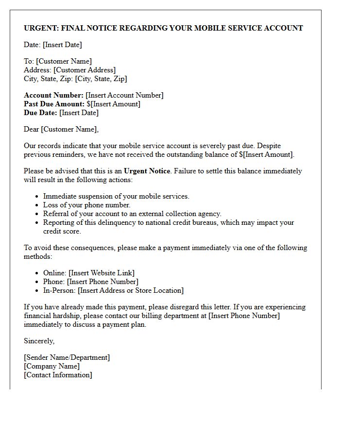 Urgent Mobile Service Debt Collection Letter