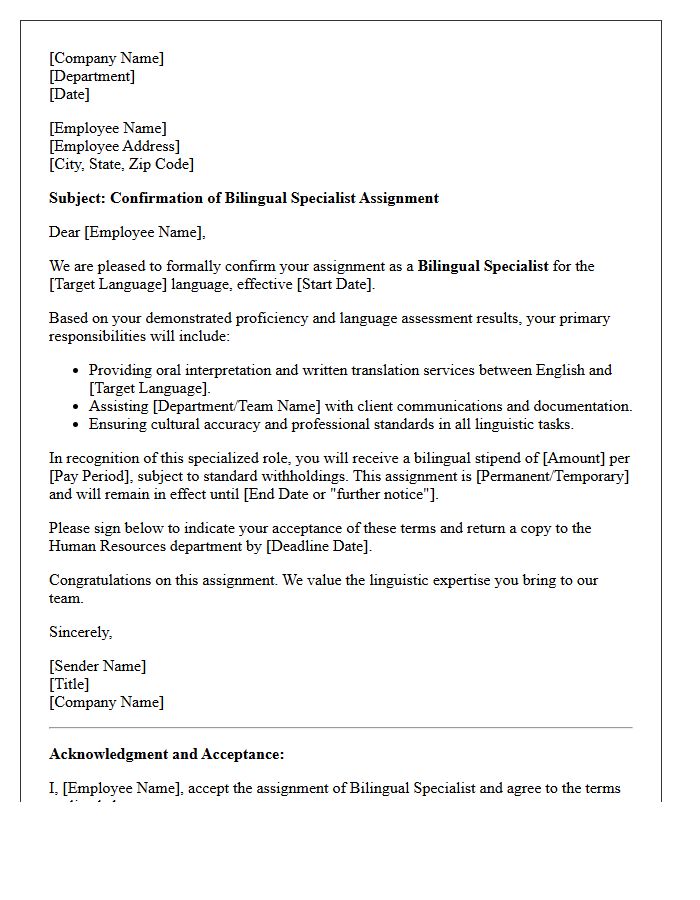 Bilingual Specialist Assignment Confirmation Letter