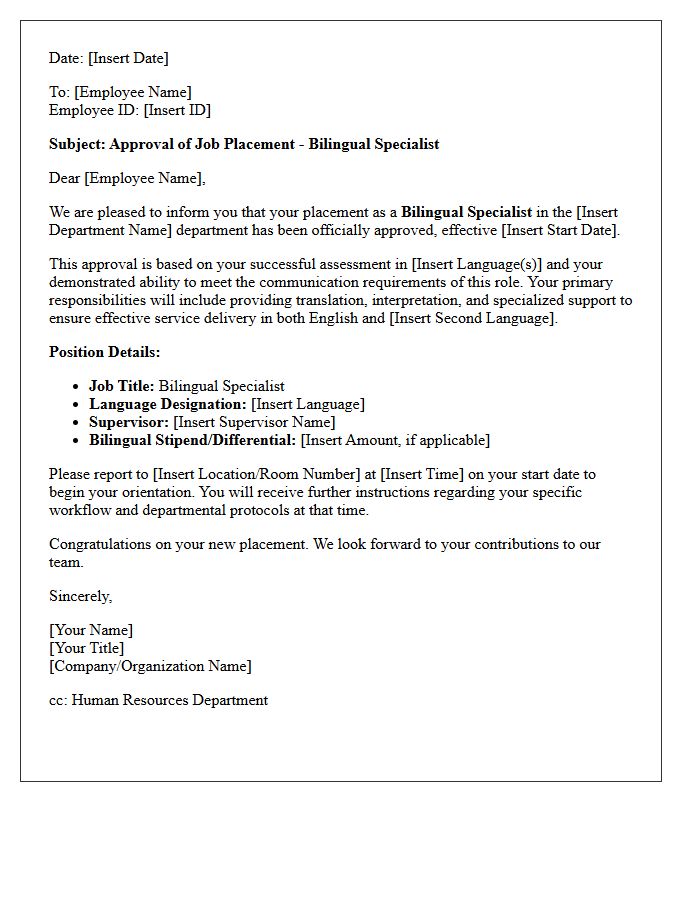 Bilingual Specialist Job Placement Approval Letter