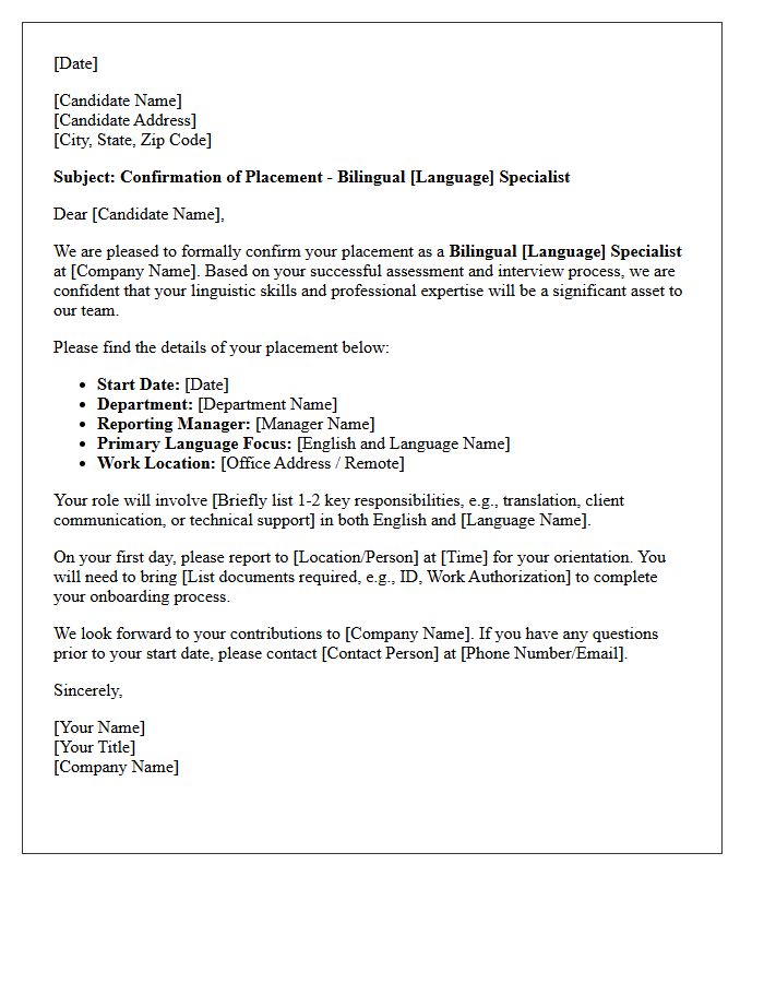 Bilingual Specialist Placement Confirmation Letter