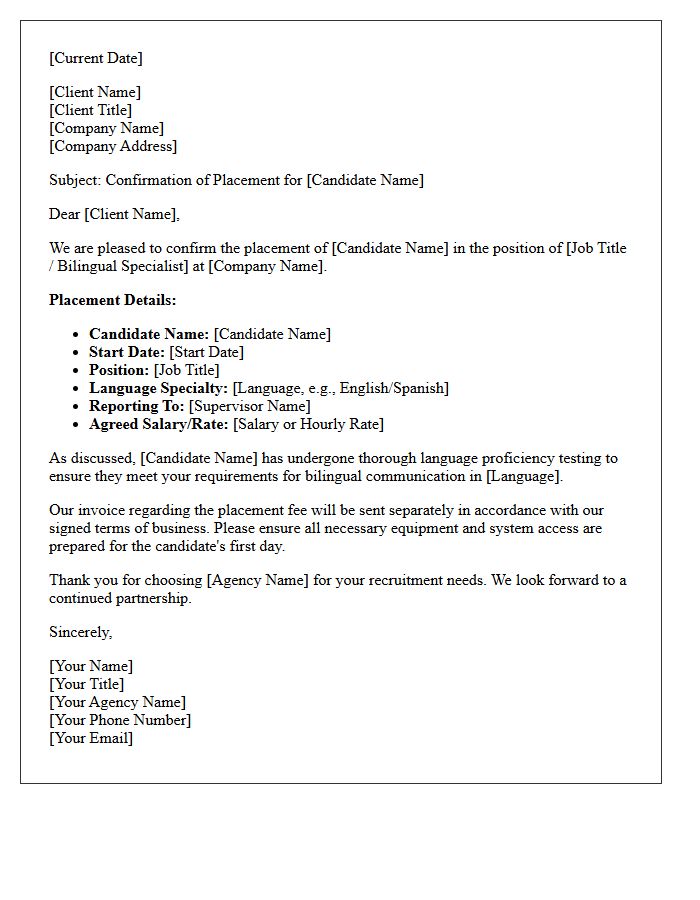 Client Placement Confirmation Letter for Bilingual Specialist