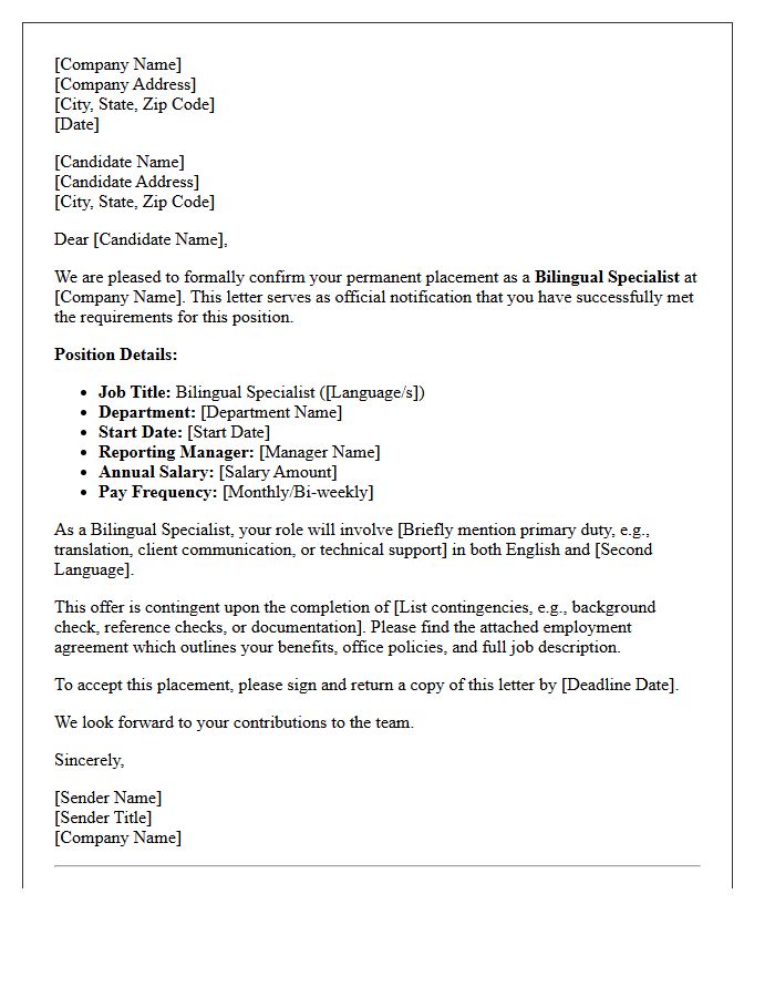 Permanent Placement Confirmation Letter for Bilingual Specialist