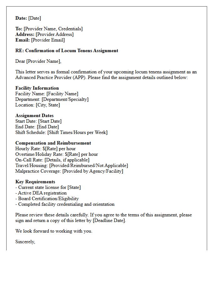 Advanced Practice Provider Locum Tenens Confirmation Letter