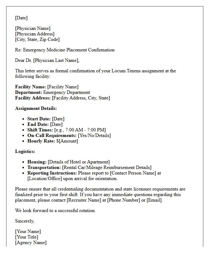 Emergency Medicine Locum Tenens Placement Confirmation Letter