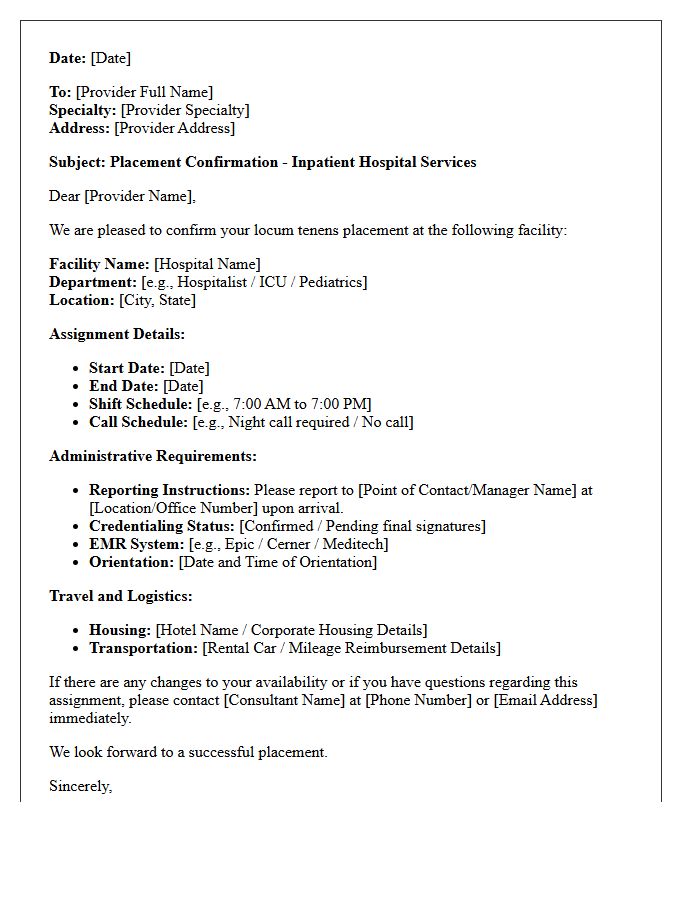 Inpatient Hospital Locum Tenens Placement Confirmation Letter