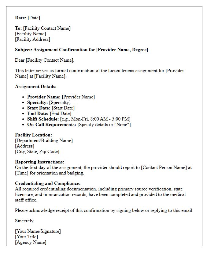 Locum Tenens Facility Assignment Confirmation Letter