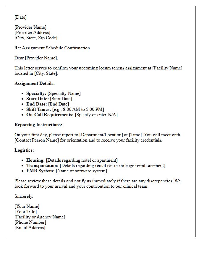 Locum Tenens Medical Provider Schedule Confirmation Letter