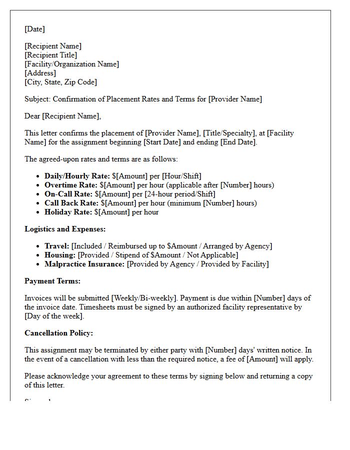 Locum Tenens Placement Rate and Terms Confirmation Letter