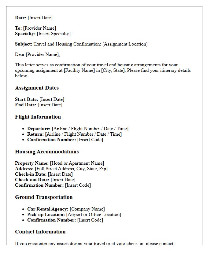Locum Tenens Travel and Housing Confirmation Letter