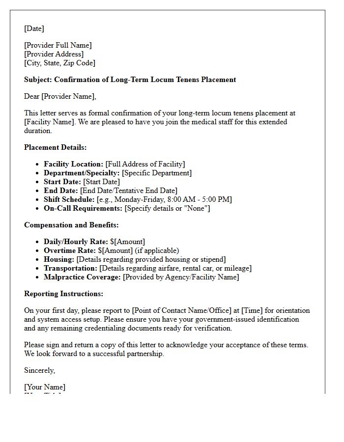 Long-Term Locum Tenens Placement Confirmation Letter