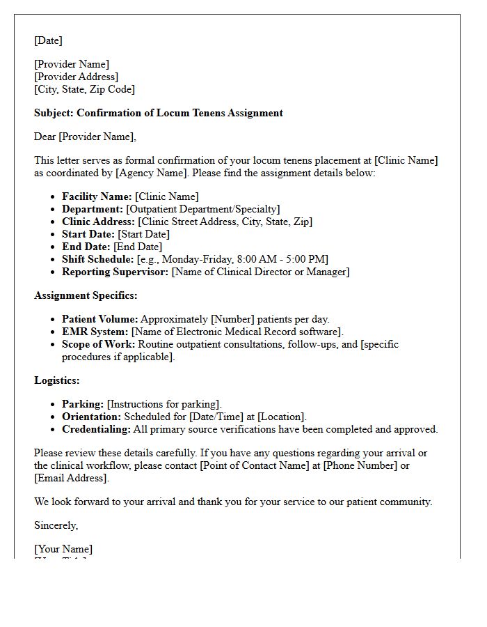 Outpatient Clinic Locum Tenens Placement Confirmation Letter