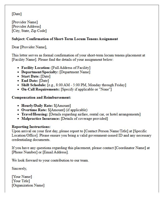 Short-Term Locum Tenens Placement Confirmation Letter