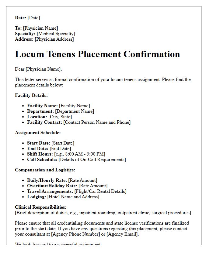 Specialist Locum Tenens Medical Placement Confirmation Letter