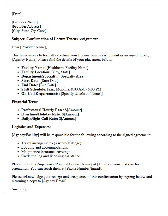 Standard Locum Tenens Placement Confirmation Letter