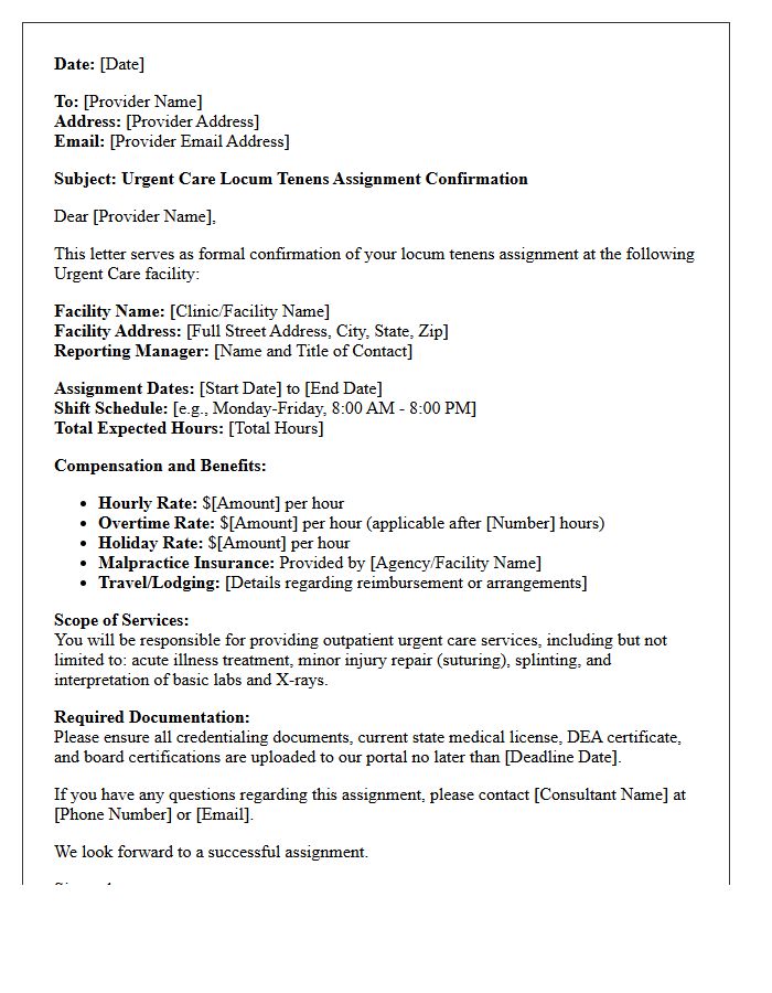 Urgent Care Locum Tenens Assignment Confirmation Letter