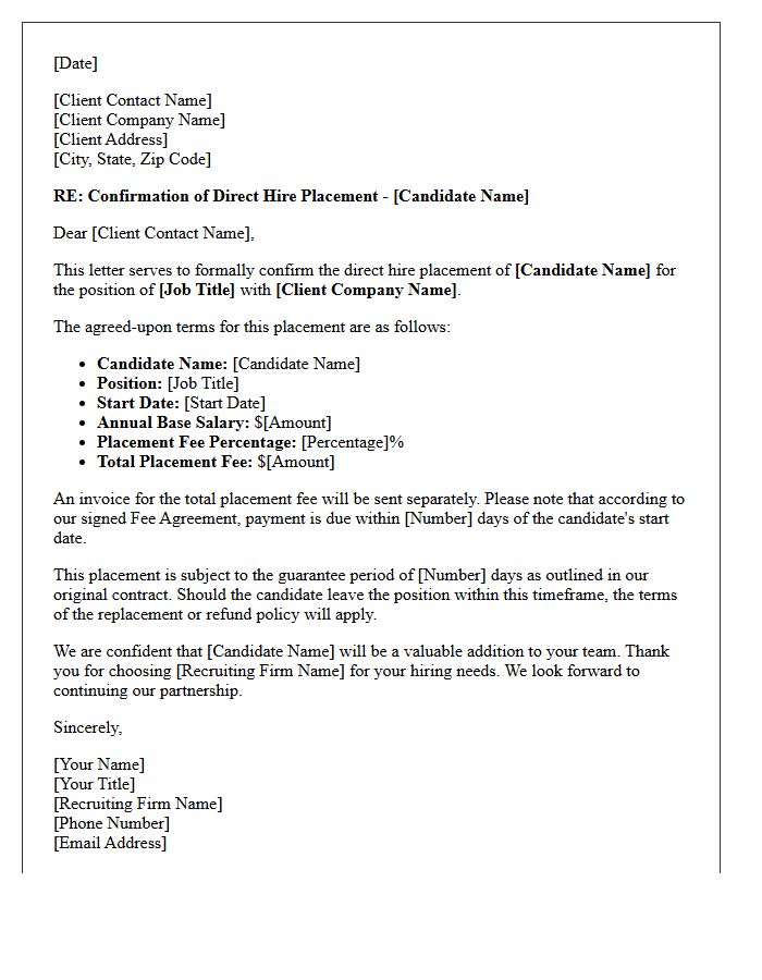 Direct Hire Placement Client Assignment Confirmation Letter