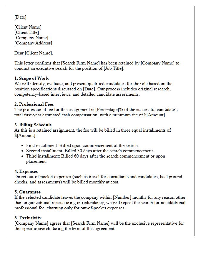 Retained Executive Search Client Assignment Confirmation Letter