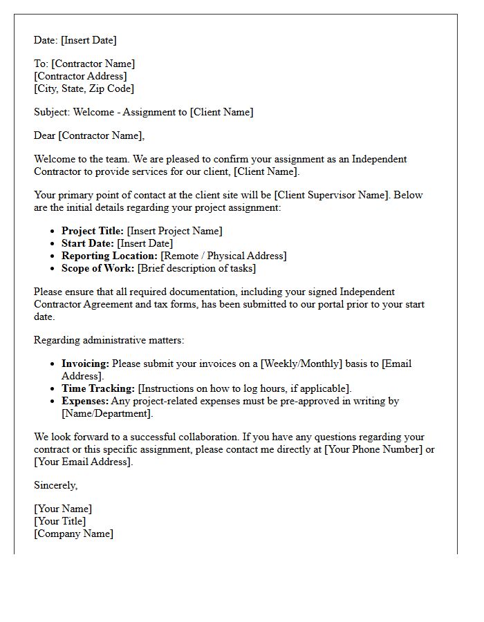 Client Assigned Independent Contractor Welcome Letter