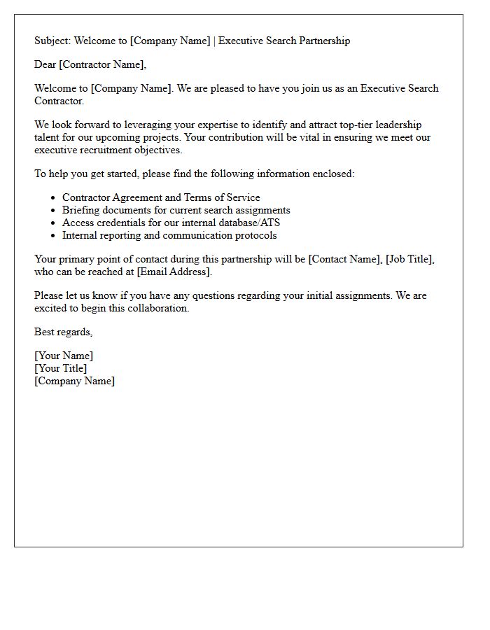 Executive Search Contractor Welcome Letter