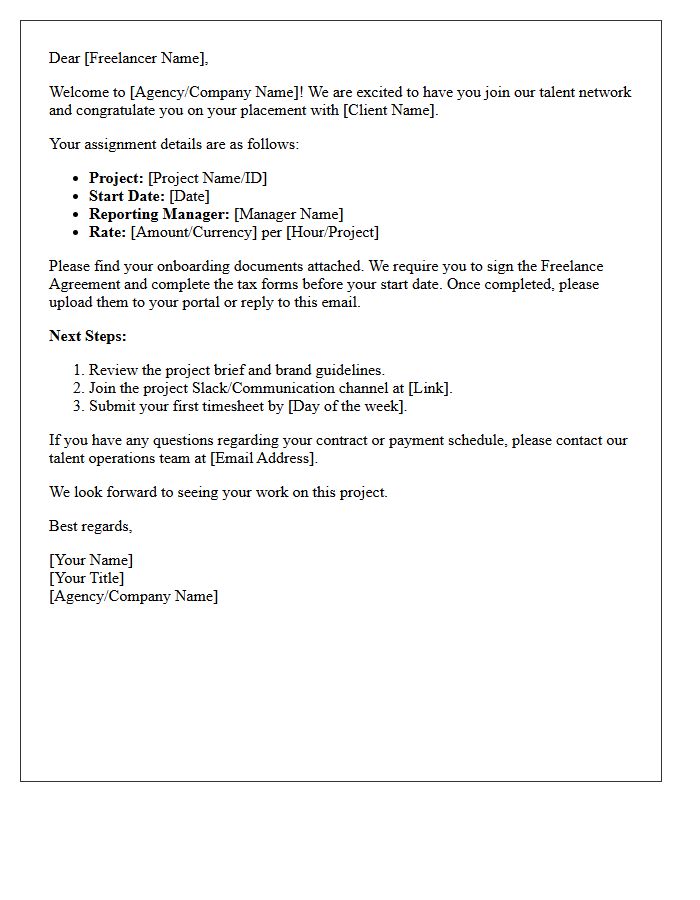 Freelance Talent Placement Welcome Letter