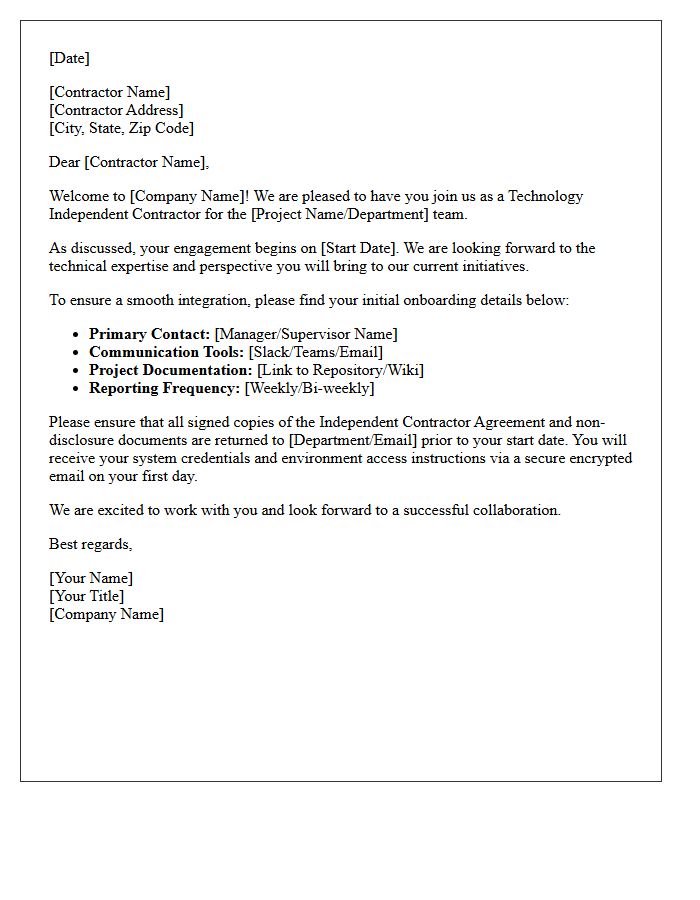 Technology Independent Contractor Welcome Letter