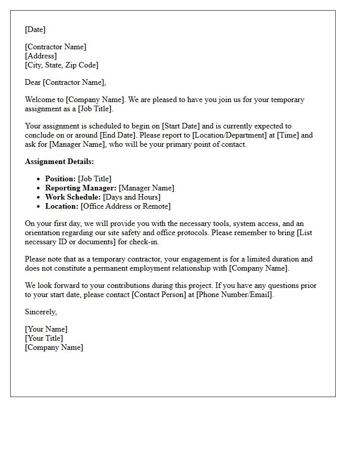 Temporary Assignment Contractor Welcome Letter