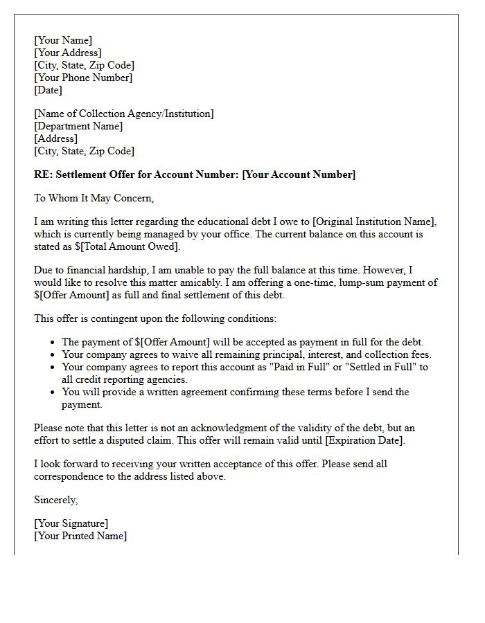 Educational Debt Collection Settlement Offer Letter