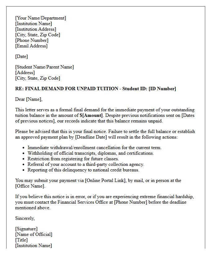 Final Demand For Unpaid Educational Tuition Letter