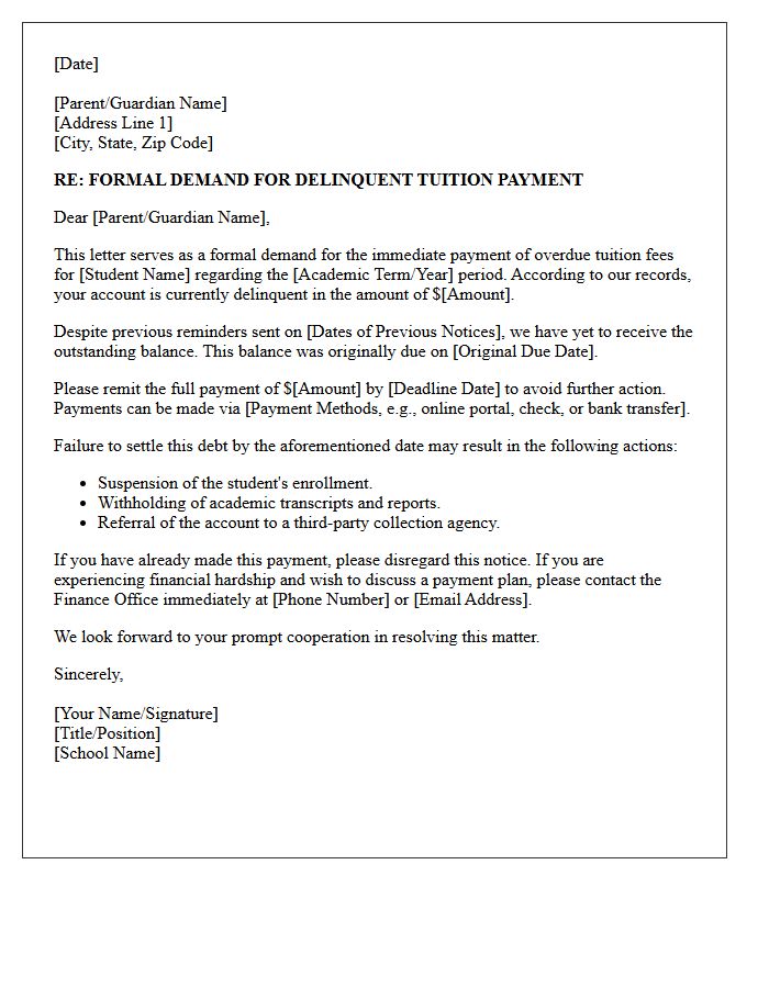 Formal Demand For Delinquent Tuition Payment Letter