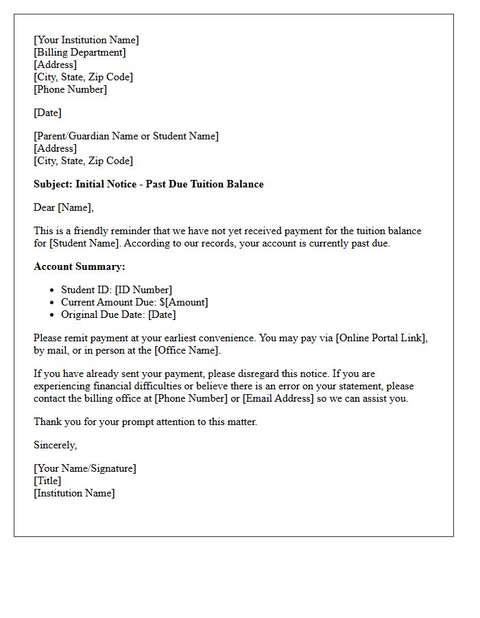 Initial Educational Tuition Past Due Notice Letter