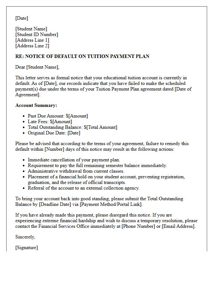 Notice Of Default On Educational Tuition Plan Letter