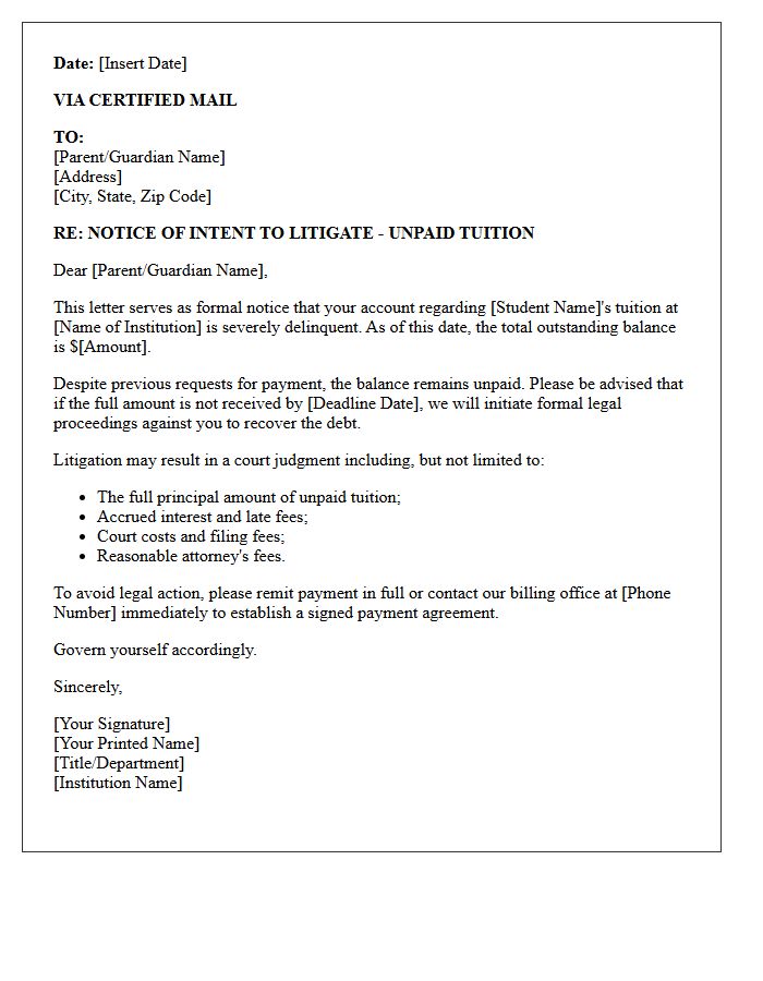Notice Of Intent To Litigate Unpaid Tuition Letter