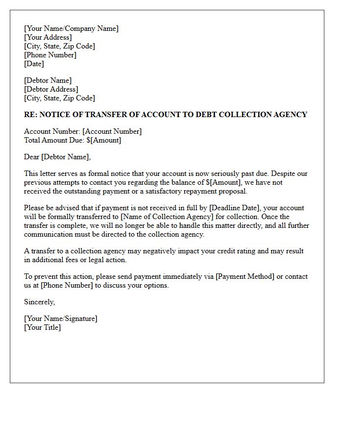 Notice Of Transfer To Debt Collection Agency Letter