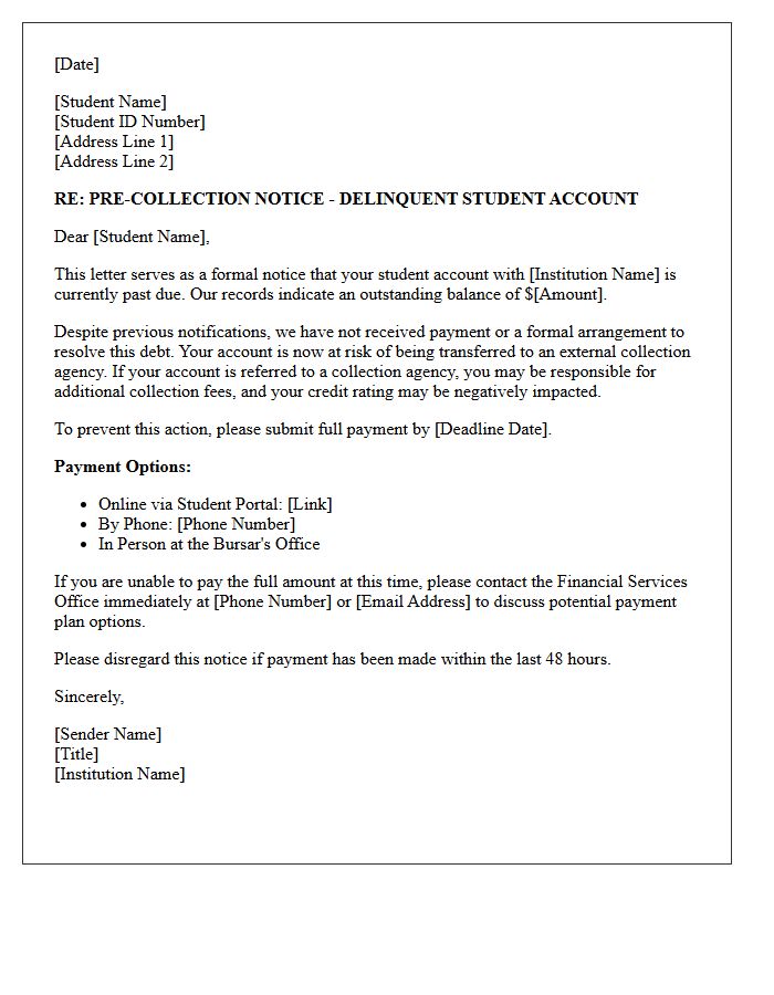 Pre-Collection Student Account Delinquency Letter
