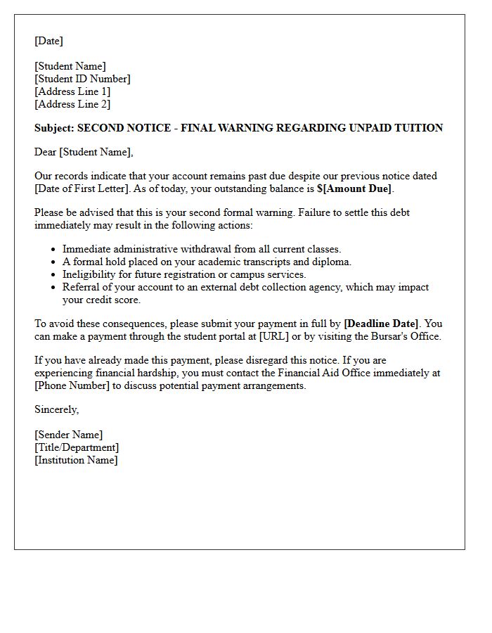 Second Warning Tuition Debt Collection Letter