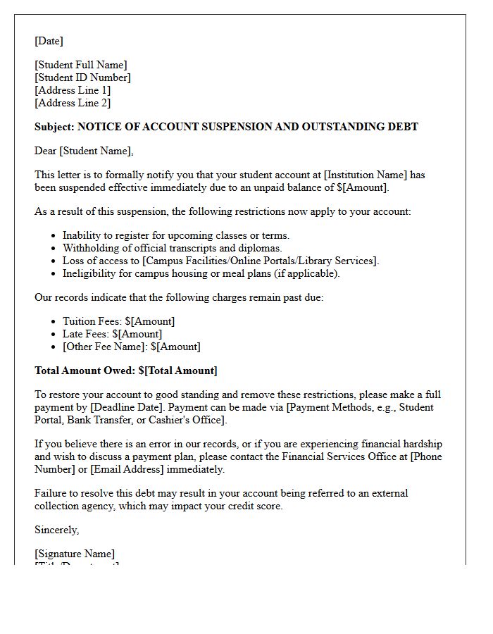 Student Account Suspension And Debt Notice Letter