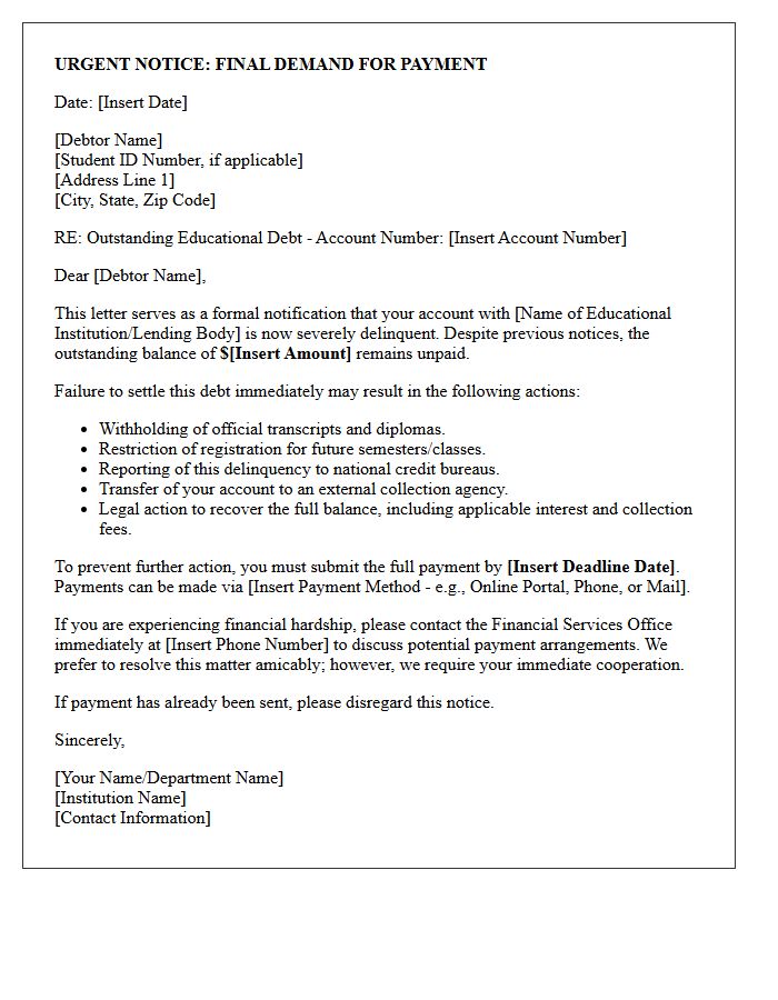Urgent Educational Debt Collection Action Letter