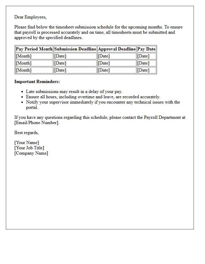 Monthly Timesheet Deadline Schedule Letter