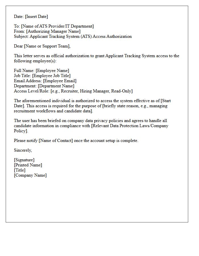 Applicant Tracking System Software Access Authorization Letter