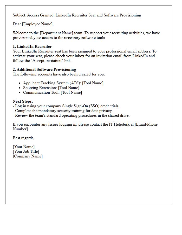 LinkedIn Recruiter Seat and Software Provisioning Letter